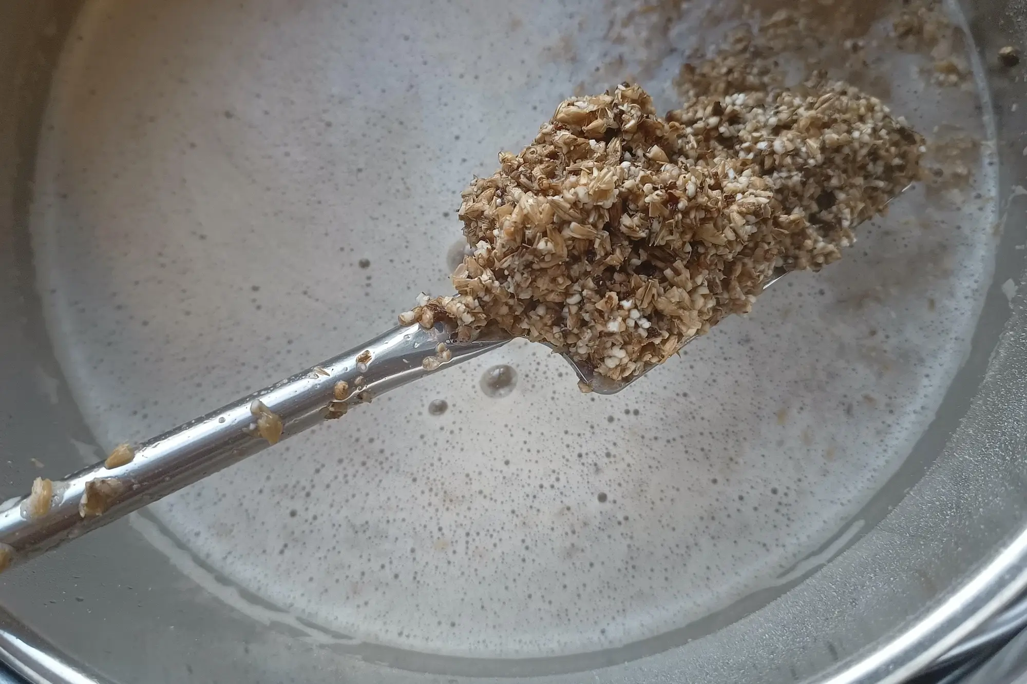 Schepje mout tijdens het maischen, zo ziet bierbostel er uit.